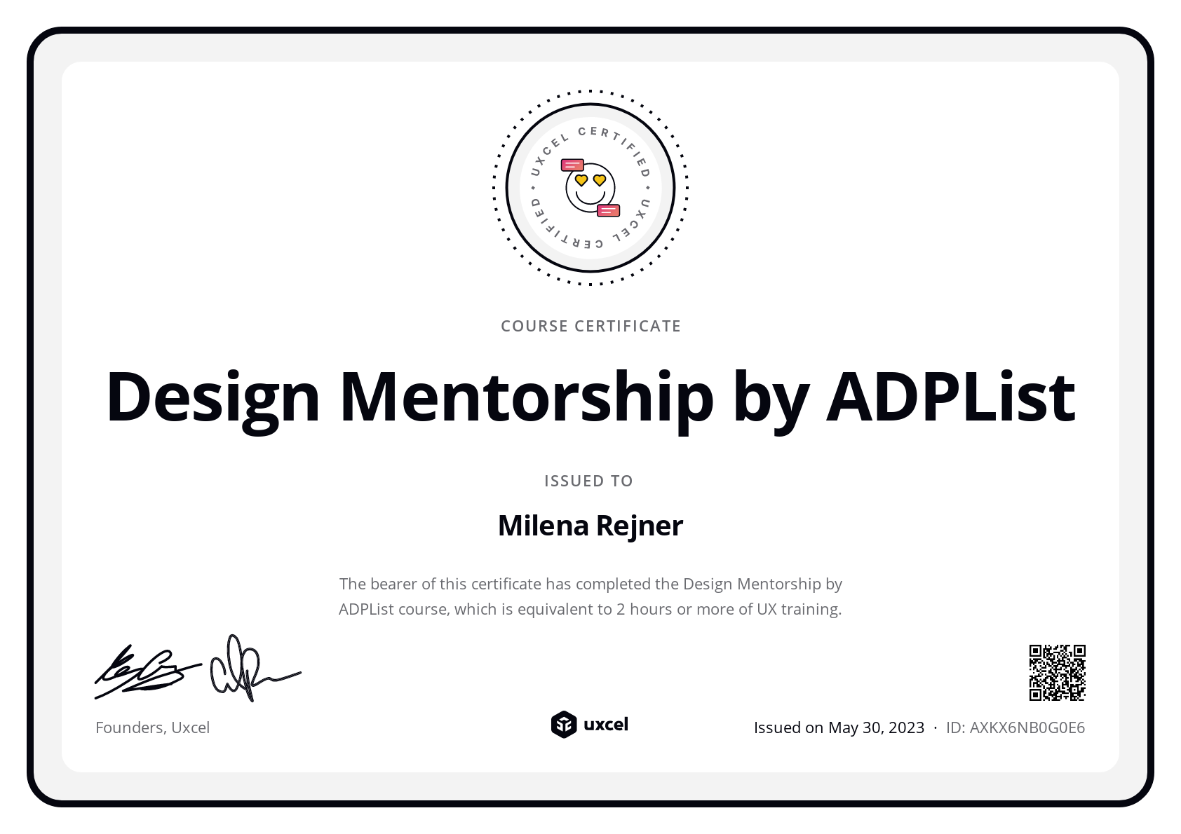 Milena Rejner's certificate